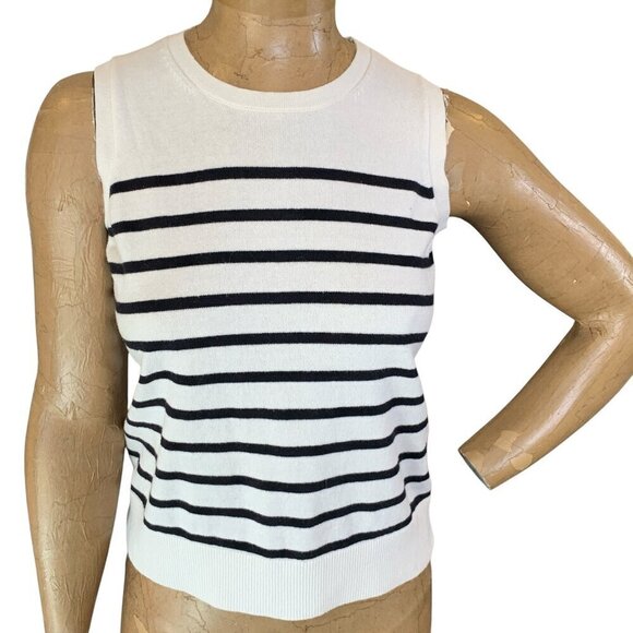 a new day Sleeveless Crew Neck Knit Top Sz S Striped Cream & Black #331F - Picture 2 of 12